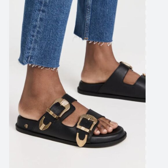 Anine Bing Waylon Slides Black Sandals with Gold Buckle Hardware 39 - Picture 1 of 7